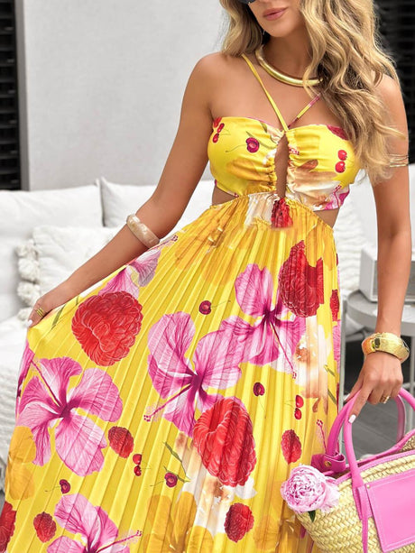 Aurohaya Beautiful Summer Print Ruched Ruffle Backless Tie Maxi Dress