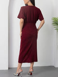 Elegant Round Neck Silver Polka Dot Print Slit Dress