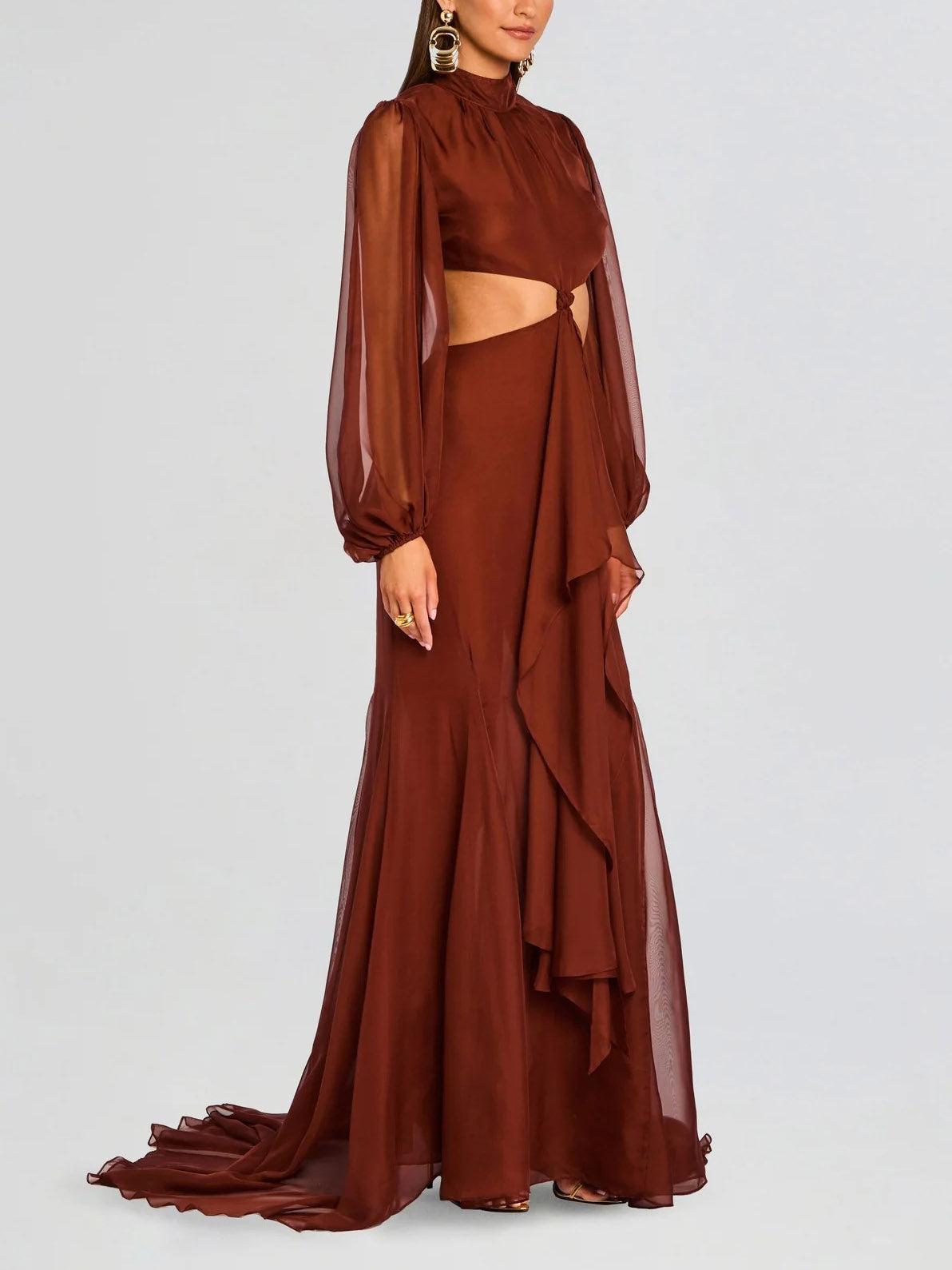 Aurohaya Elegant Cutout High-Neck Long-Sleeved Ruffled Maxi Dress