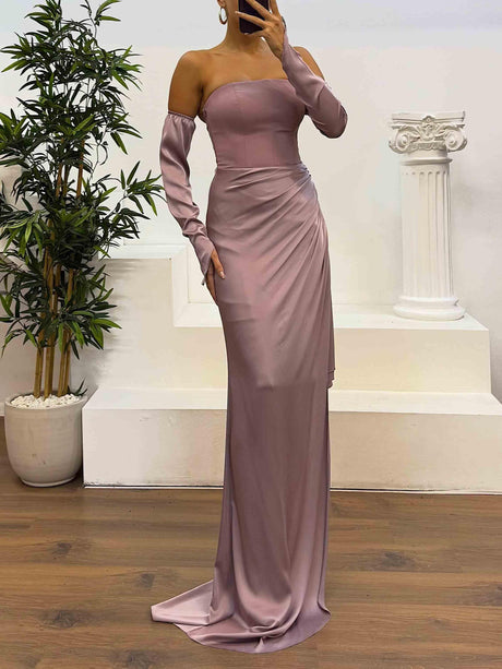 Aurohaya Elegant Strapless Satin Evening Maxi Dress Light Purple