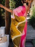 Elegant Satin Tie Dye Print One Shoulder Drape Vacation Maxi Dress