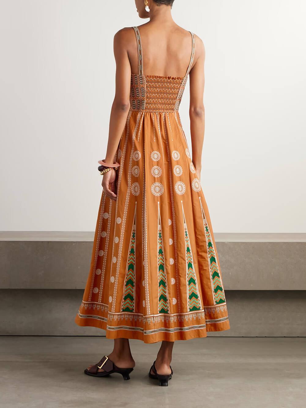 Aurohaya Elegant Off-Shoulder Retro-Print Pleated Midi Dress