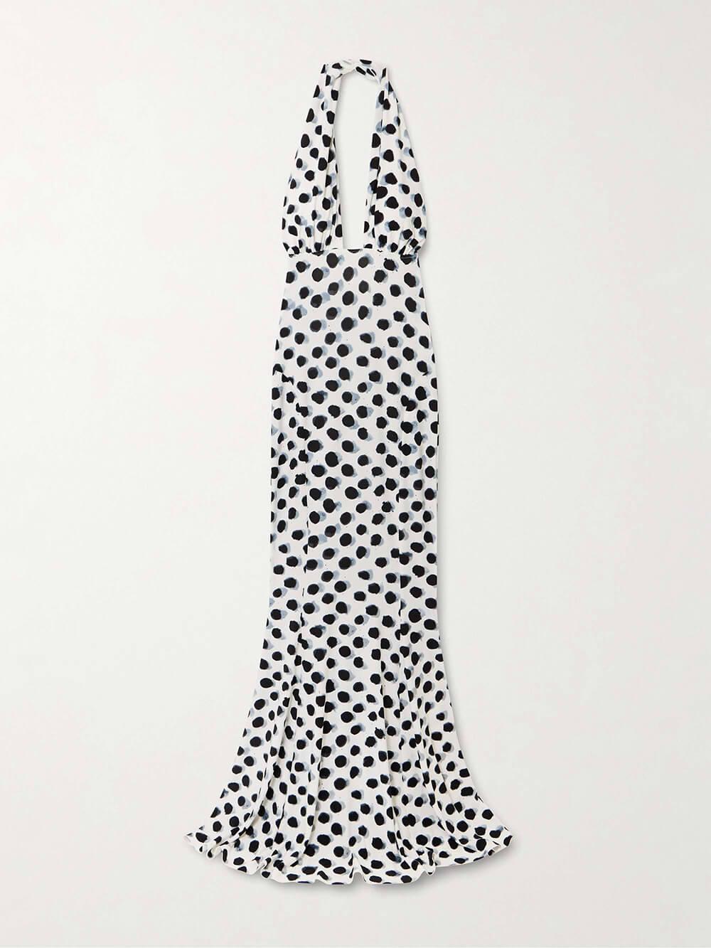 Aurohaya Elegant Cutout Polka Dot Print Stretch Halter Maxi Dress