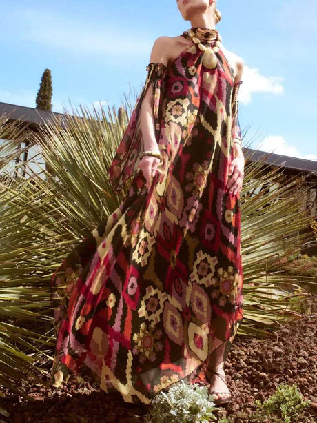 Aurohaya Retro Bohemian Geometric Print Convertible Sleeve Maxi Dress