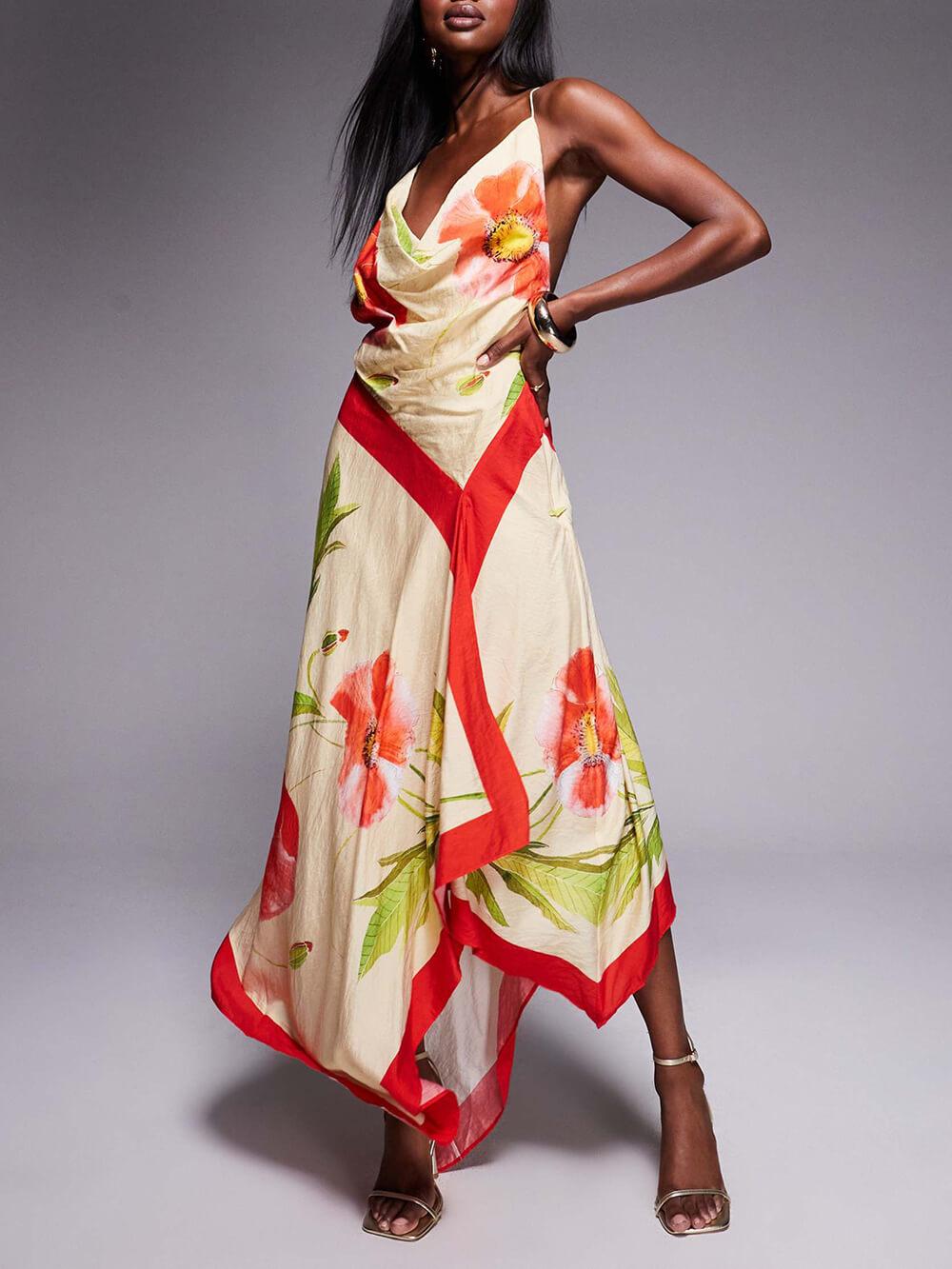 Aurohaya Elegant Unique Print Deep Pleated Asymmetric Backless Maxi Dress Multicolor