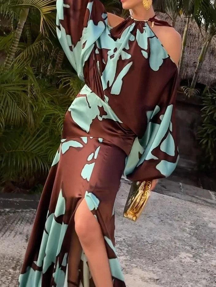Aurohaya Elegant Cold Shoulder Abstract Print Maxi Dress