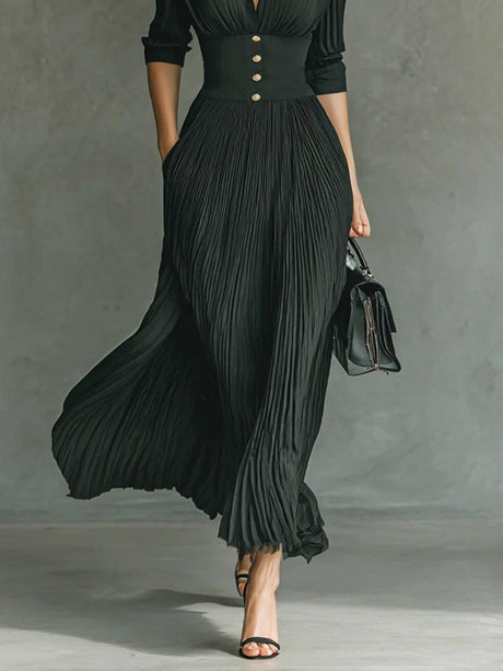 Aurohaya Elegant Pleated Lapel Long-sleeved Maxi Dress