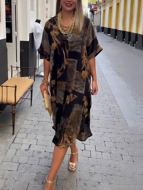 Aurohaya Retro Satin Print V-Neck Shirt Midi Dress