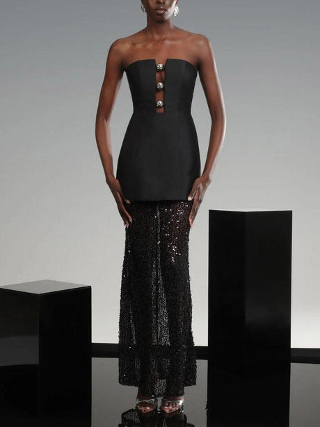 Aurohaya Elegant Bandeau Neck Sequined Maxi Dress