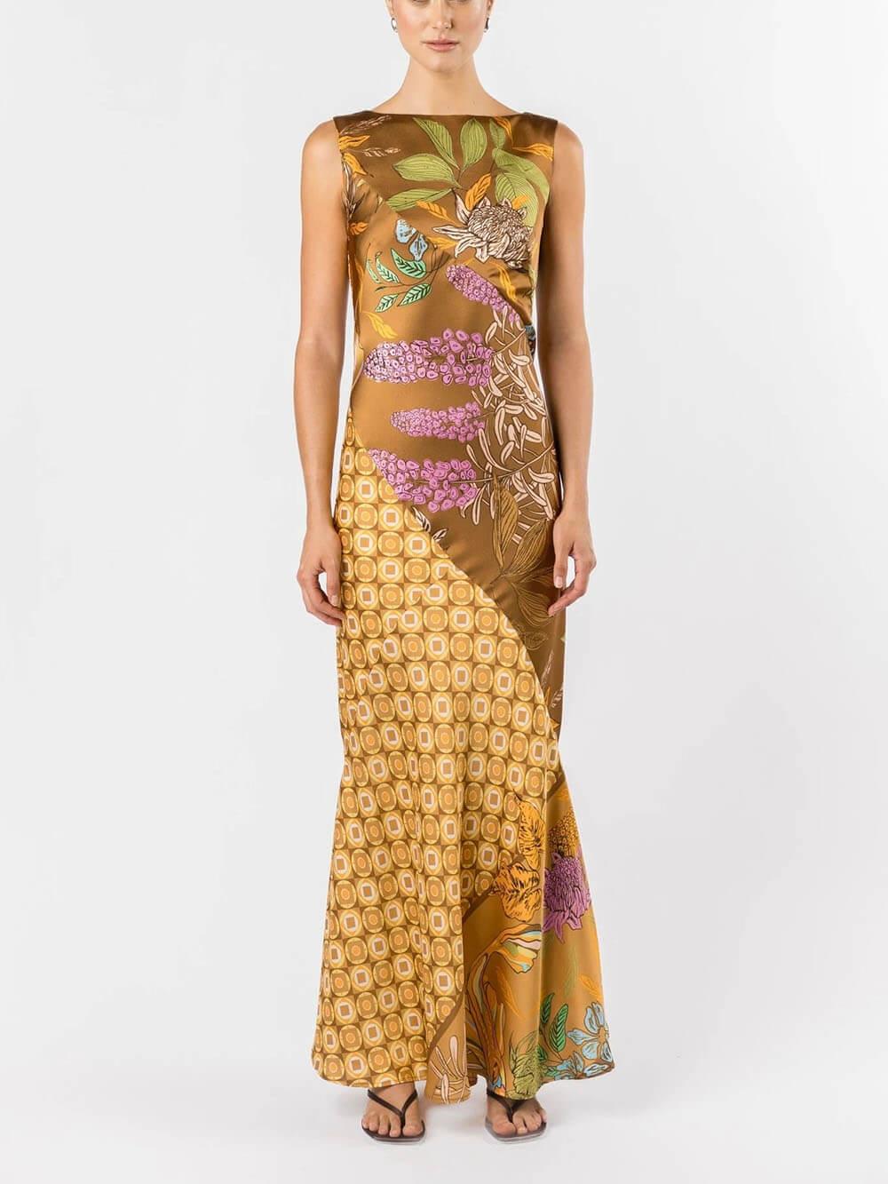 Aurohaya Exquisite Floral Print Satin A-Line Flared Maxi Dress