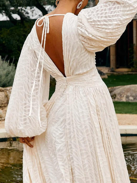 Aurohaya Elegant V-neck Pleated Long-sleeved Maxi Dress