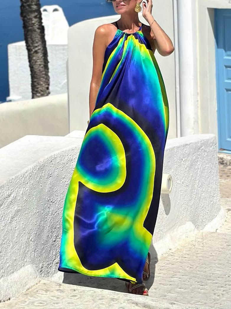 Aurohaya Unique Abstract Swirl Print Halterneck Maxi Dress