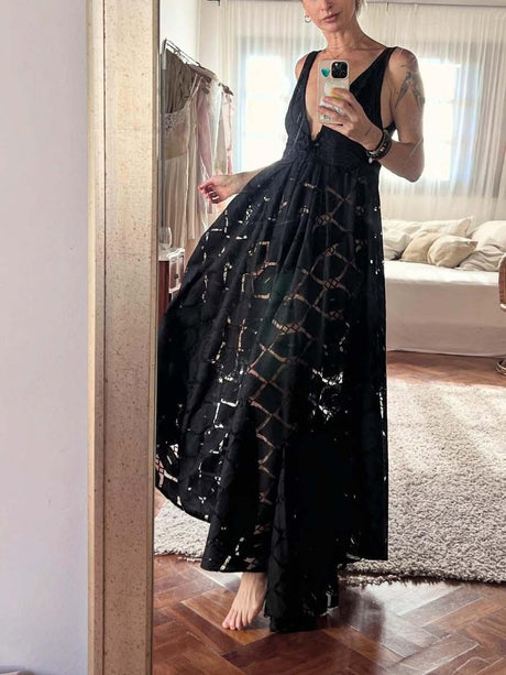 Aurohaya Elegant V-neck Hollow Lace Embroidery A-line Maxi Dress