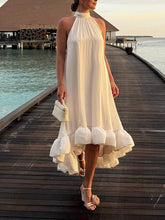 Aurohaya Elegant Ruffled Halter Neck Sleeveless Dress White