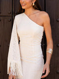 Elegant One-Shoulder Tassel Sleeve Midi Dress