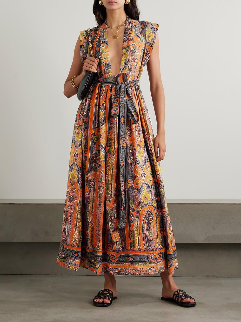 Aurohaya Delicate Belted Paisley Print Satin Maxi Dress Orange