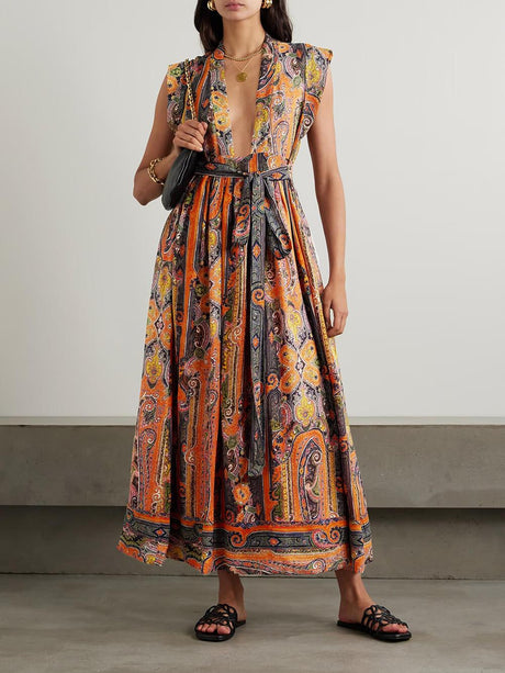 Aurohaya Delicate Belted Paisley Print Satin Maxi Dress Orange