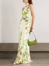 Aurohaya Elegant Refreshing Floral Print Halter Neck Maxi Dress Cream