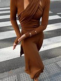 Fashionable Cut-Out Fitted Solid Long-Sleeve Maxi Dress