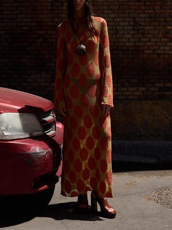 Aurohaya Elegant Polka Dot Print Slightly Sheer Open Back Maxi Dress