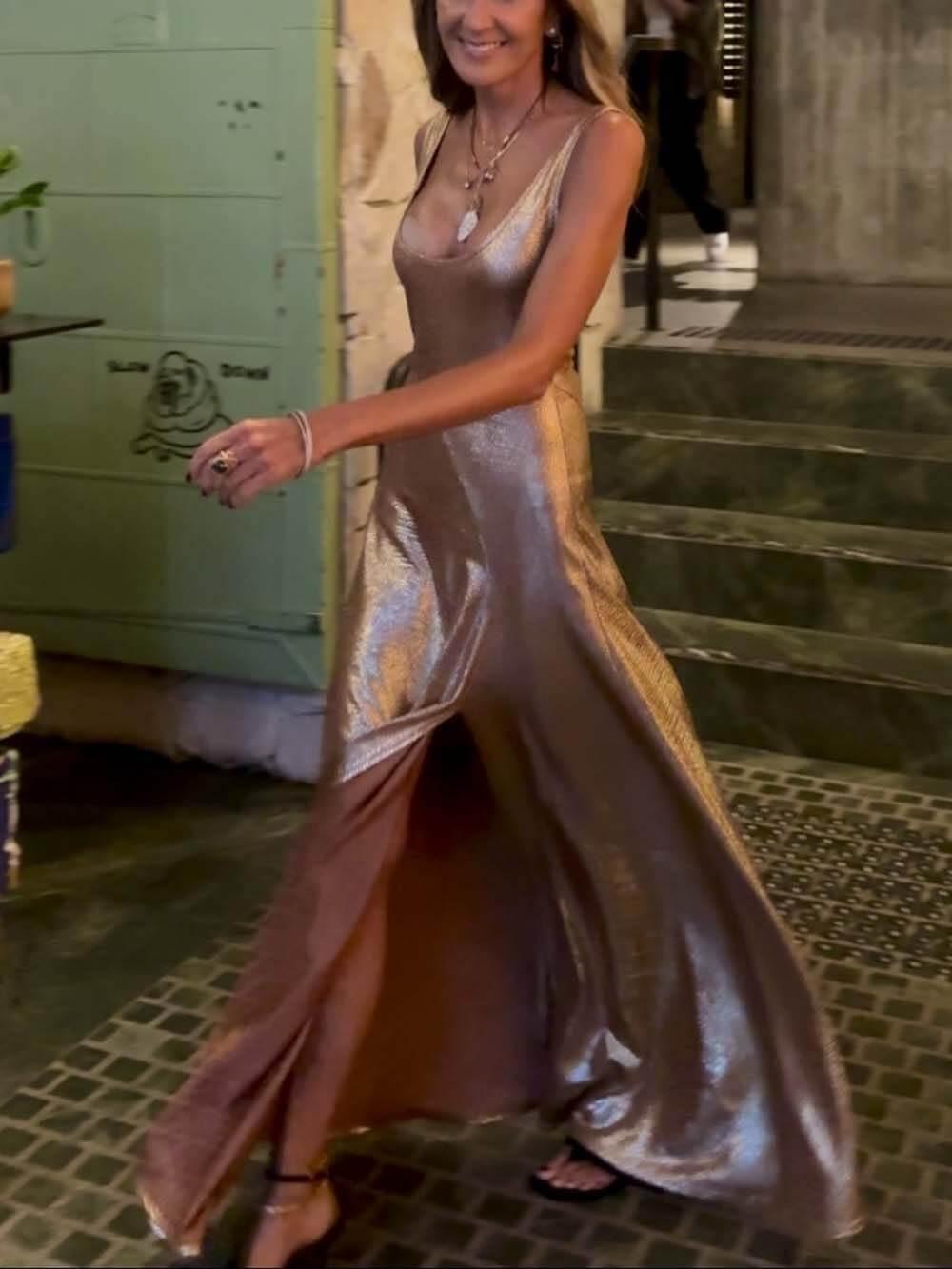 Aurohaya Elegant U-Neck Slit Maxi Dress