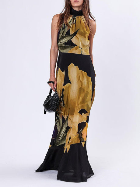 Aurohaya Unique Yellow Floral Print Straight Maxi Dress