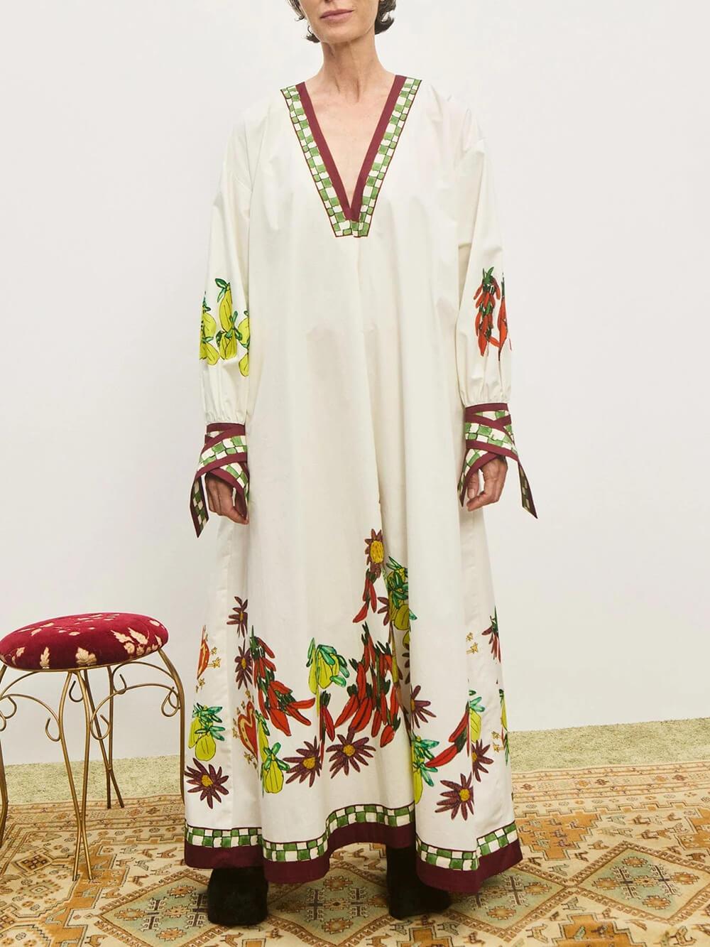 Aurohaya Unique Floral Print V-Neck Cuff Buttons Loose Maxi Dress Beige