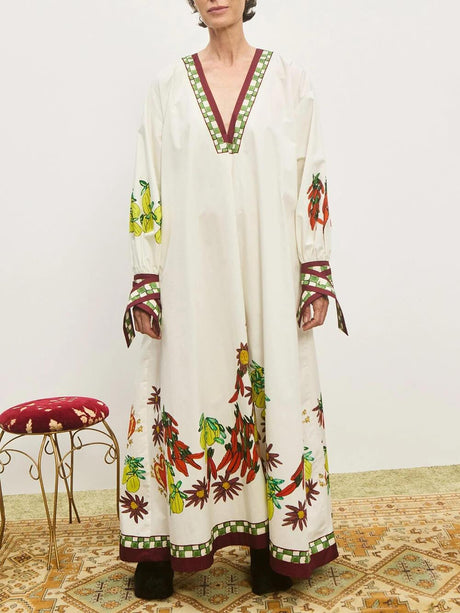 Aurohaya Unique Floral Print V-Neck Cuff Buttons Loose Maxi Dress Beige