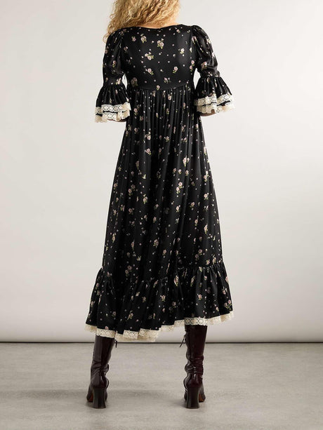Aurohaya Retro Lace-Trimmed Ruffled Floral Print Midi Dress