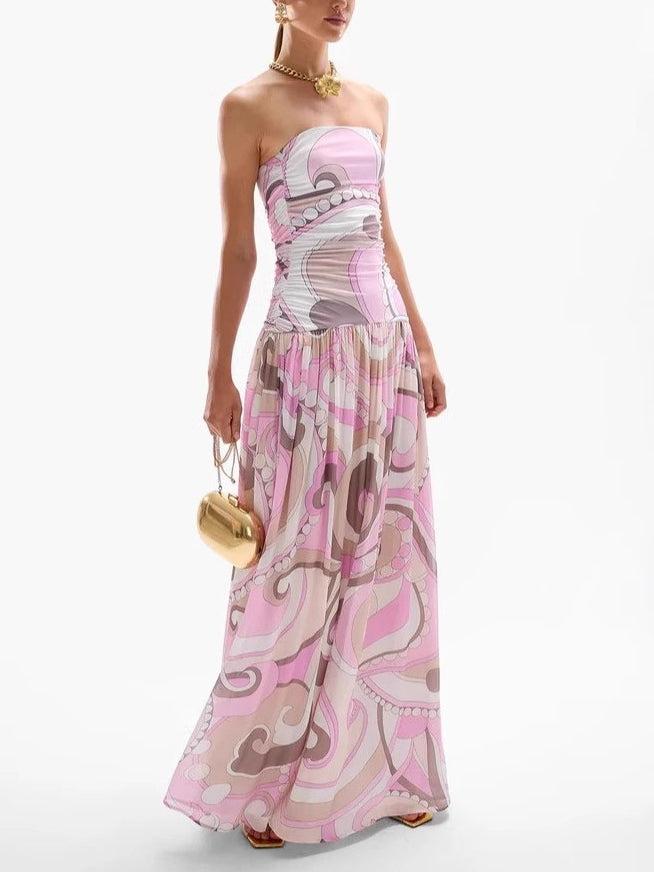 Aurohaya Elegant Swirl Vintage Print Drop Waist Maxi Dress