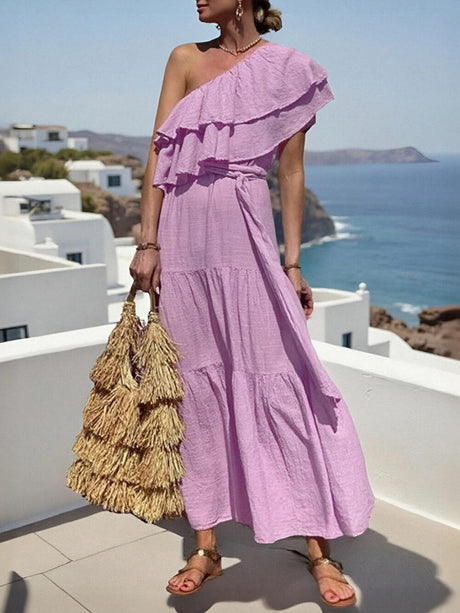 Aurohaya Romantic One-Shoulder Ruffle Tie-Waist Midi Dress Pink