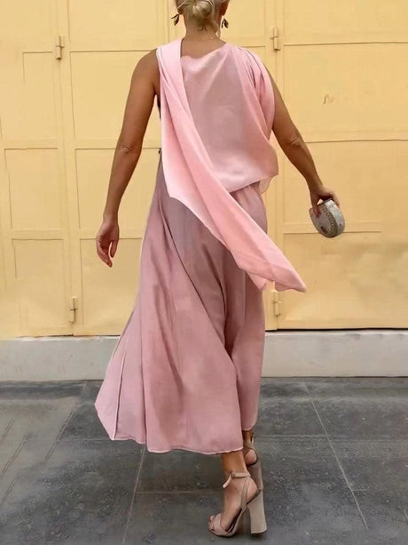 Aurohaya Elegant Draped Spaghetti Strap Maxi Dress With Scarf