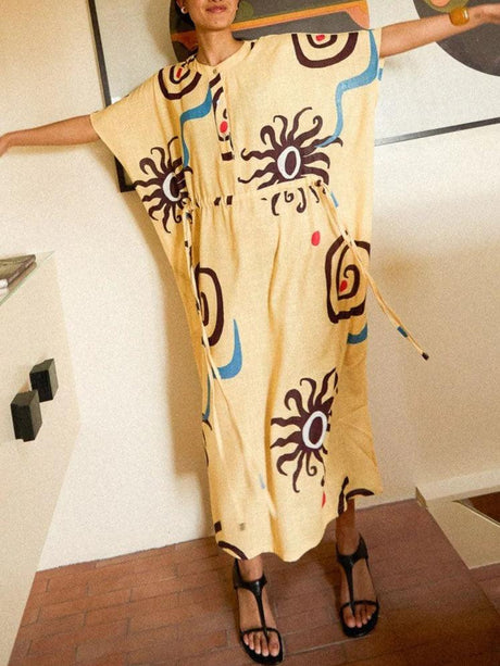 Aurohaya Unique Art Sun Floral Print Waist Tie Maxi Dress Yellow