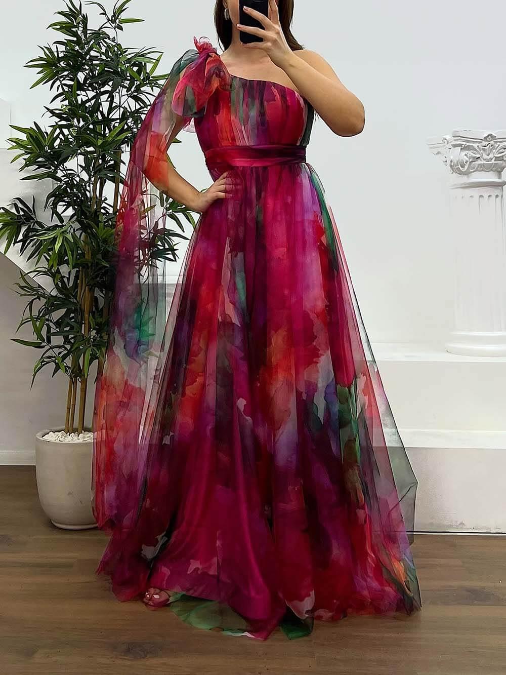 Aurohaya Elegant Printed One-Shoulder Chiffon Plus Size Tulle Evening Dress