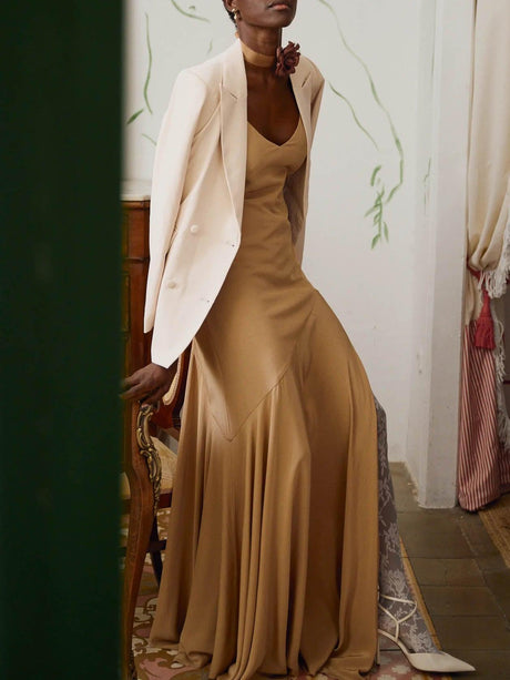 Aurohaya Elegant High Neck Ruffle Cape Maxi Dress