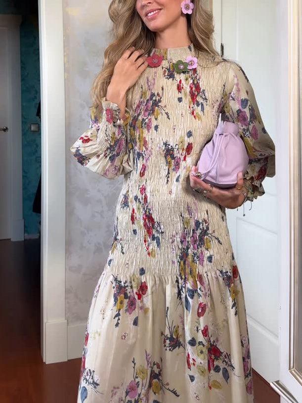 Aurohaya Elegant Crinkled Floral Print Puff Sleeve Maxi Dress
