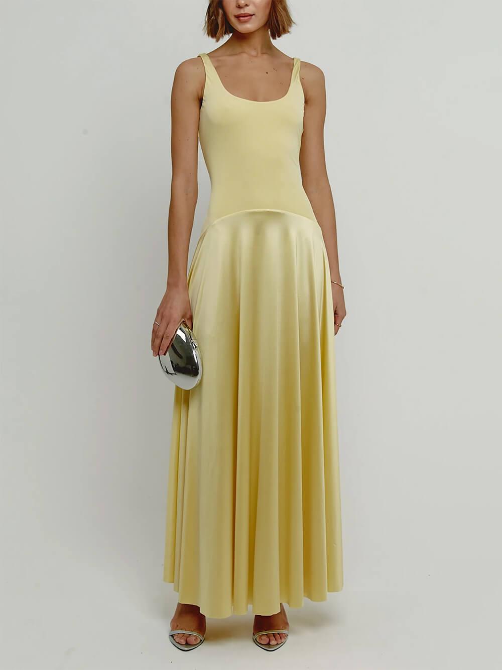 Aurohaya Elegant Curved Waist Spliced Satin Party Maxi Dress Yellow