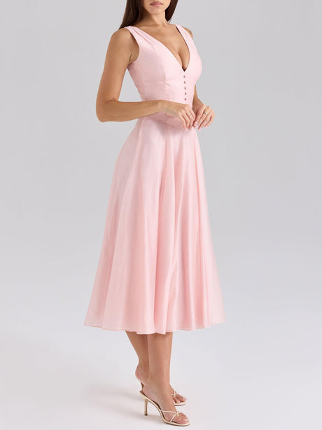 Aurohaya Elegant V-neck Chiffon Button Midi Dress