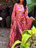 Vibrant Abstract Print Ruched High-Slit Maxi Dress