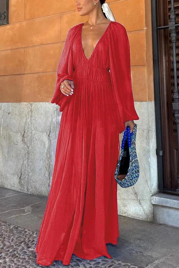 Aurohaya Elegant V-neck Chiffon Waist Pleated Maxi Dress Red