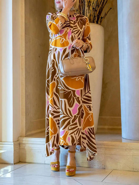 Aurohaya Casual Effortless V-Neck Printed Vacation Maxi Dress