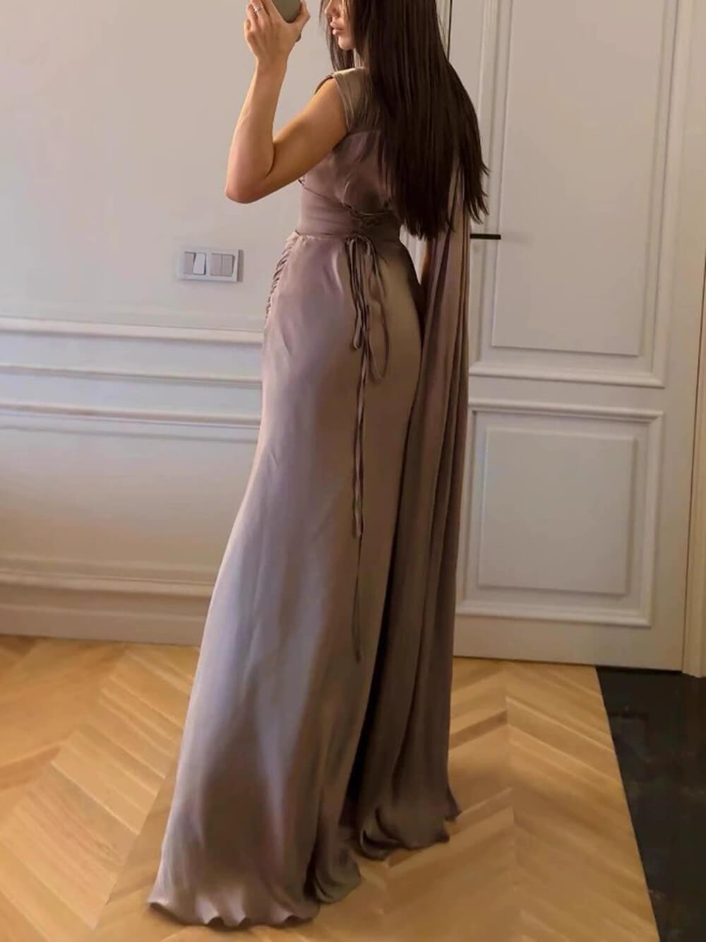Aurohaya Elegant Draped Sash Satin Evening Gown Maxi Dress