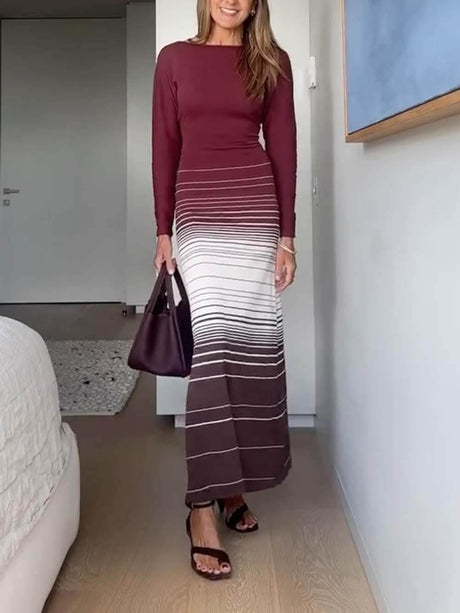 Aurohaya Casual Twist-Back Striped Print Maxi Dress Burgundy