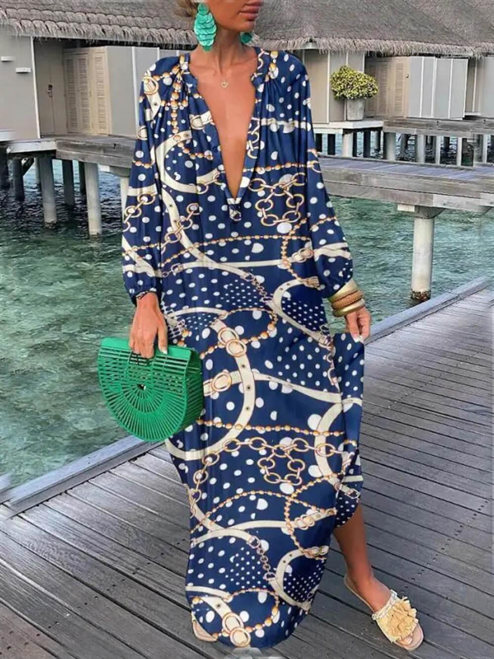 Aurohaya Bohemian V-Neck Printed Maxi Dress Dark Blue