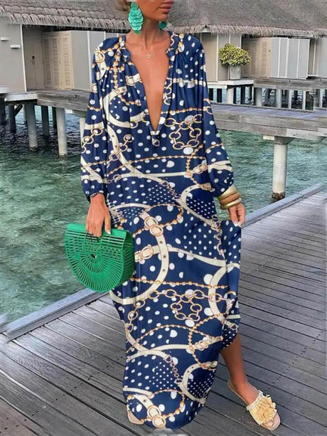 Aurohaya Bohemian V-Neck Printed Maxi Dress Dark Blue