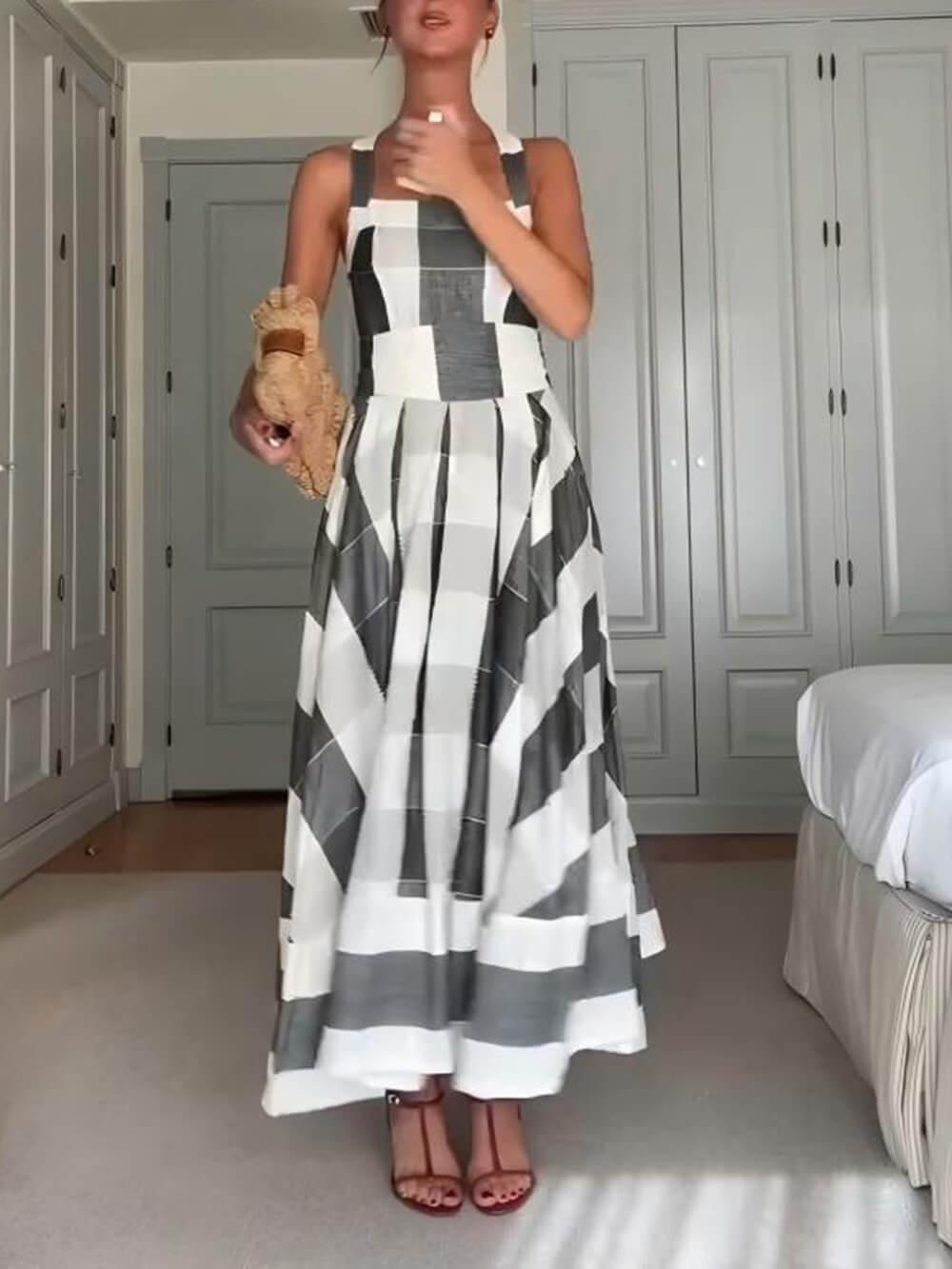 Aurohaya Classic Casual Plaid Print Pleated A-Line Maxi Dress Black