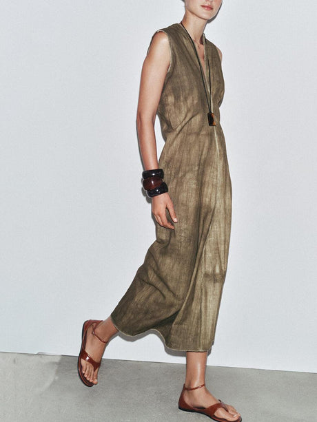 Aurohaya Exquisite Abstract Tie-Dye Print Linen Sleeveless Vacation Midi Dress