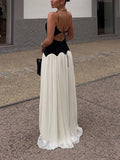 Elegant Color-Block Spaghetti Strap Backless Maxi Dress