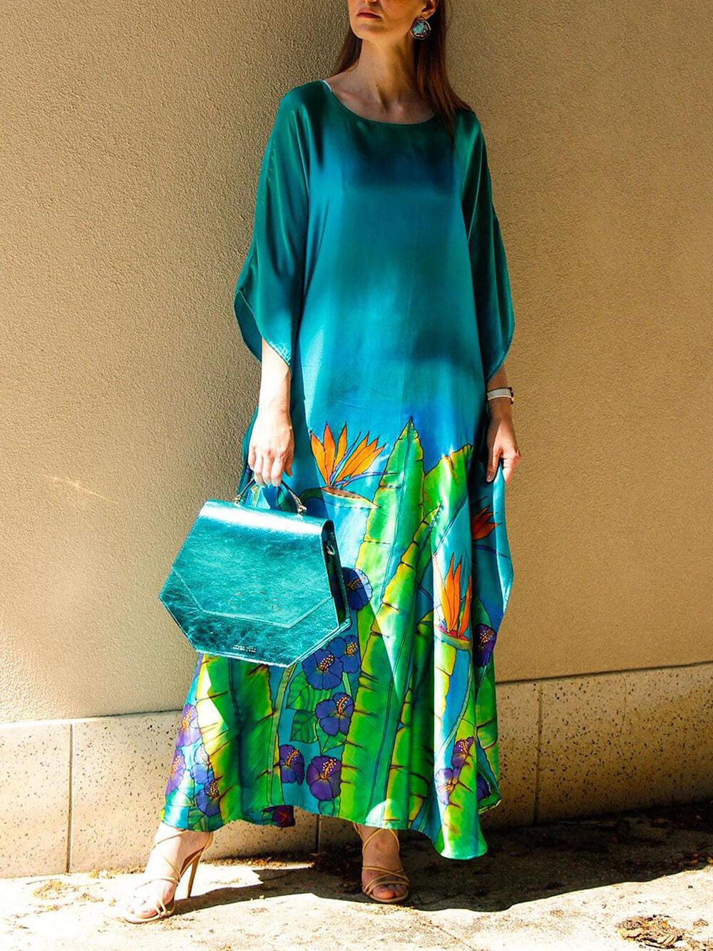 Aurohaya Bohemian Floral Print Satin Maxi Dress Green