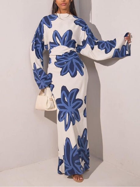 Aurohaya Elegant Floral Print Waist-Defined Maxi Dress
